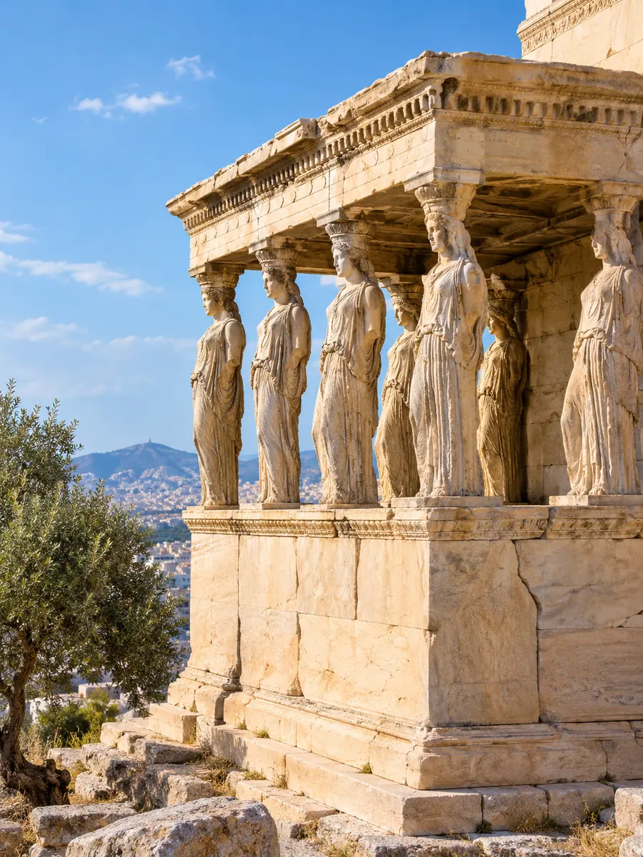 Η Πρόσταση των Καρυάτιδων στο Ερέχθειο, έξι μαρμάρινες κόρες που στηρίζουν τη στέγη