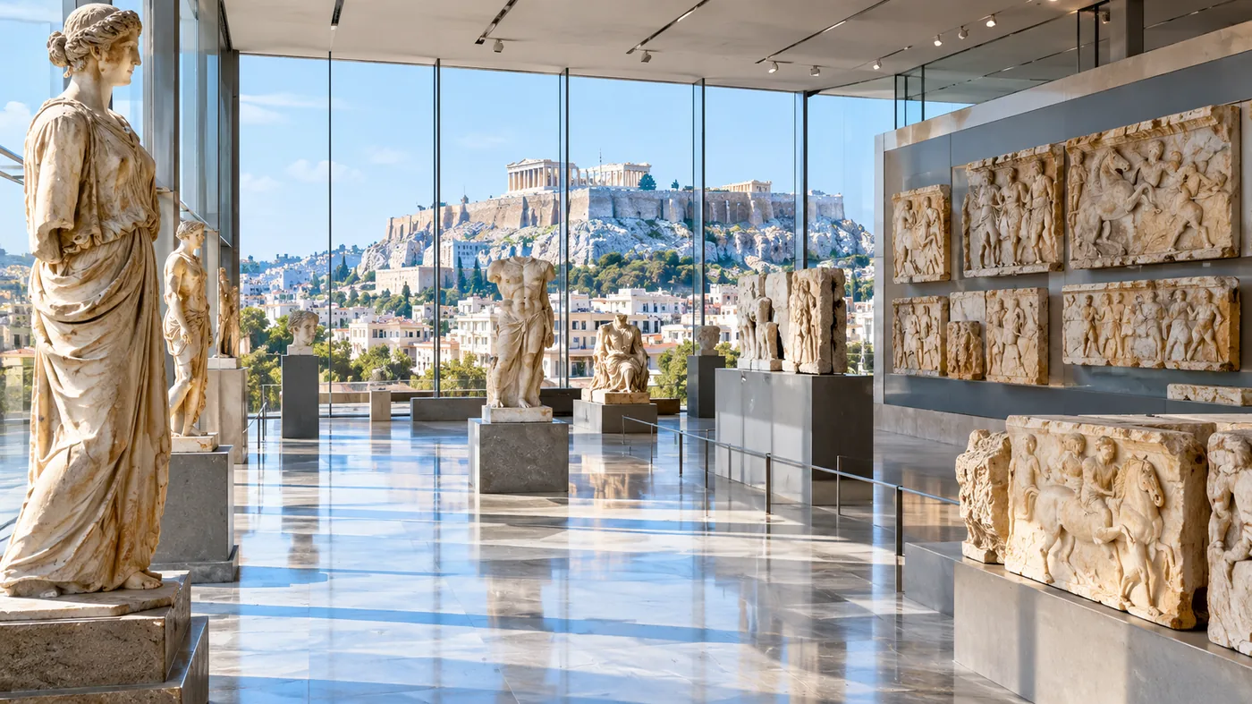 Φωτεινή αίθουσα μουσείου με μαρμάρινα γλυπτά και την Ακρόπολη να φαίνεται μέσα από τον γυάλινο τοίχο