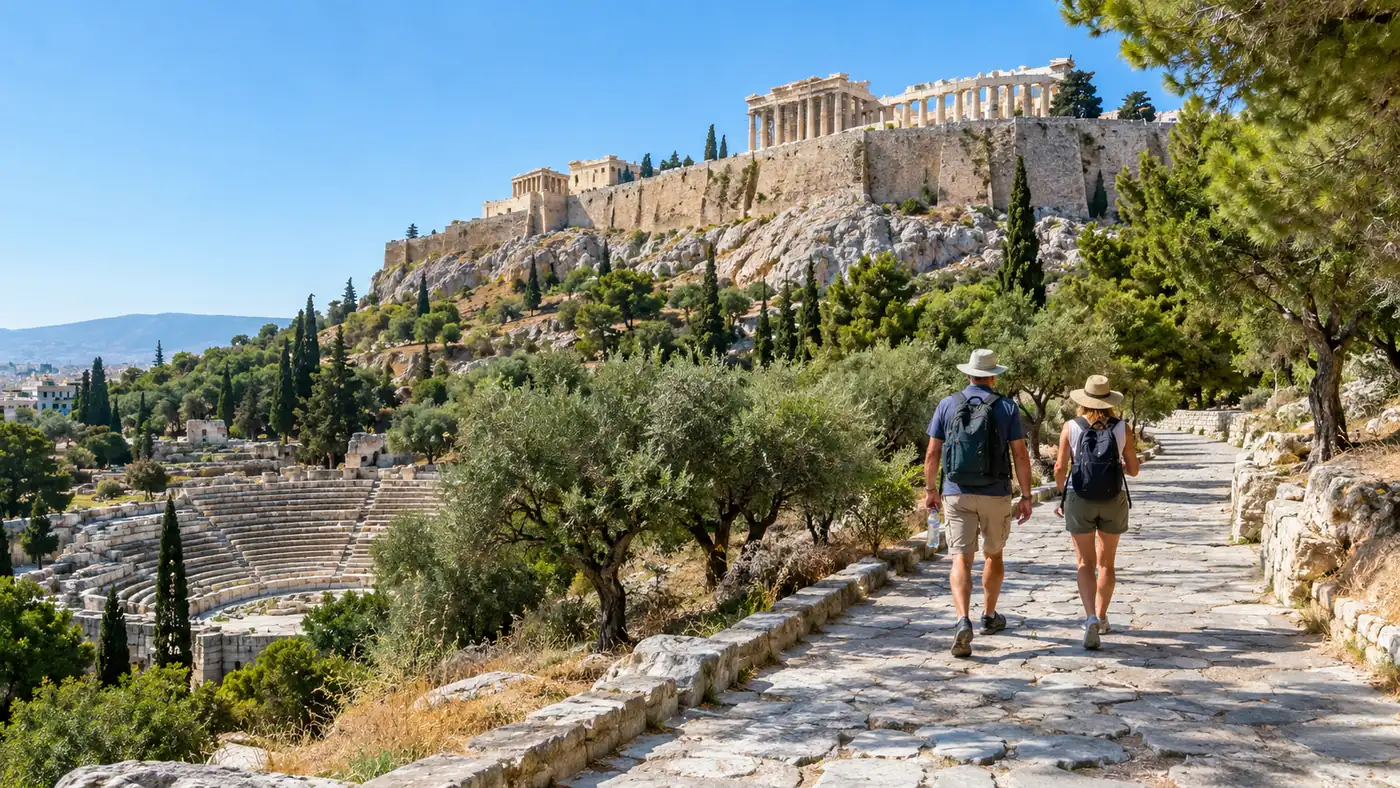 Πέτρινο μονοπάτι που ανεβαίνει τη νότια κλιτύ της Ακρόπολης ανάμεσα σε ελιές, με το Θέατρο του Διονύσου από κάτω