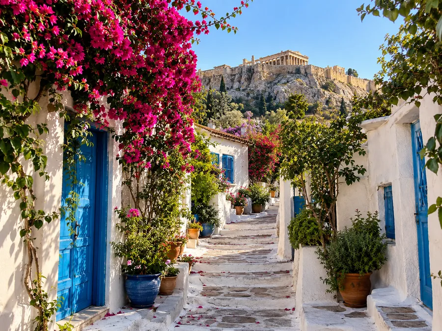 Ασβεστωμένο στενάκι με βουκαμβίλιες και μπλε πόρτες στα Αναφιώτικα, με την Ακρόπολη από πάνω