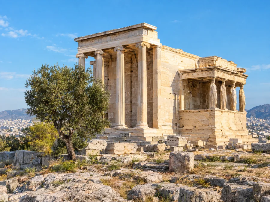 Το Ερέχθειο με τη βόρεια ιωνική πρόσταση και την Πρόσταση των Καρυάτιδων, με μια ελιά δίπλα του