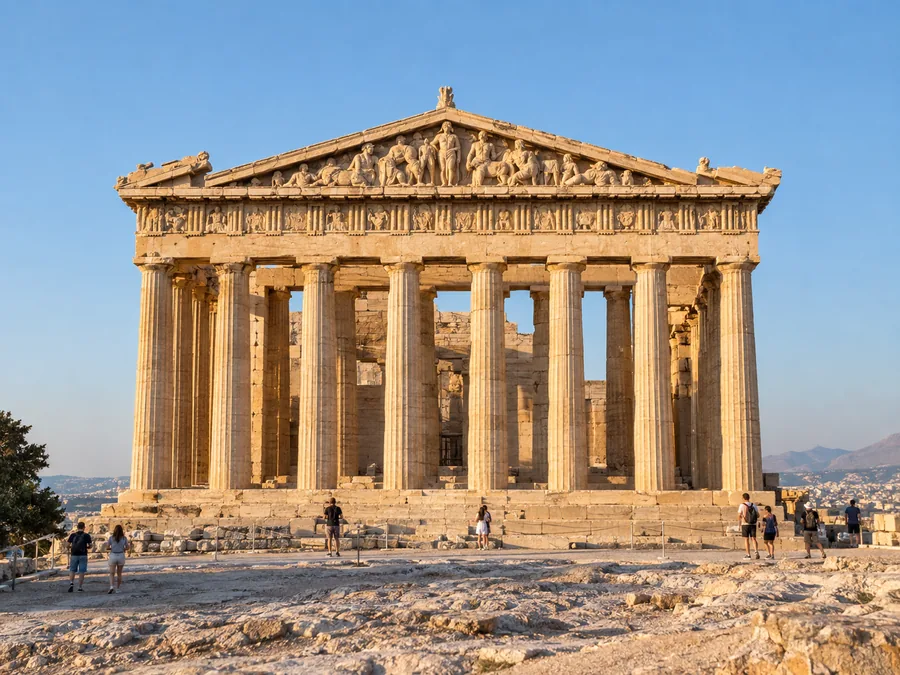 Η ανατολική πρόσοψη του Παρθενώνα με τους οκτώ δωρικούς κίονες στο ζεστό απογευματινό φως